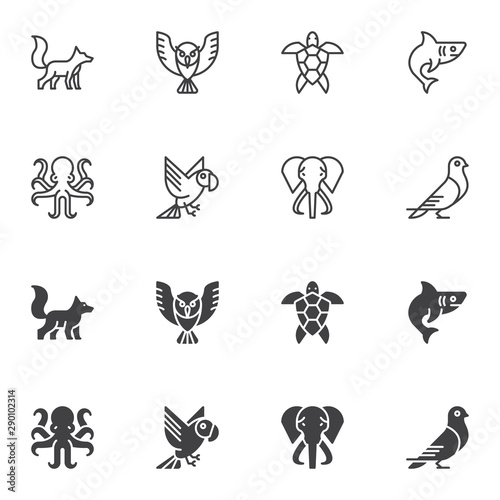 Animals icon set, line and glyph version, outline and filled vector sign. linear and full pictogram. Symbol, logo illustration. Set includes icons as fox, turtle, parrot, dove, owl, shark, elephant © alekseyvanin