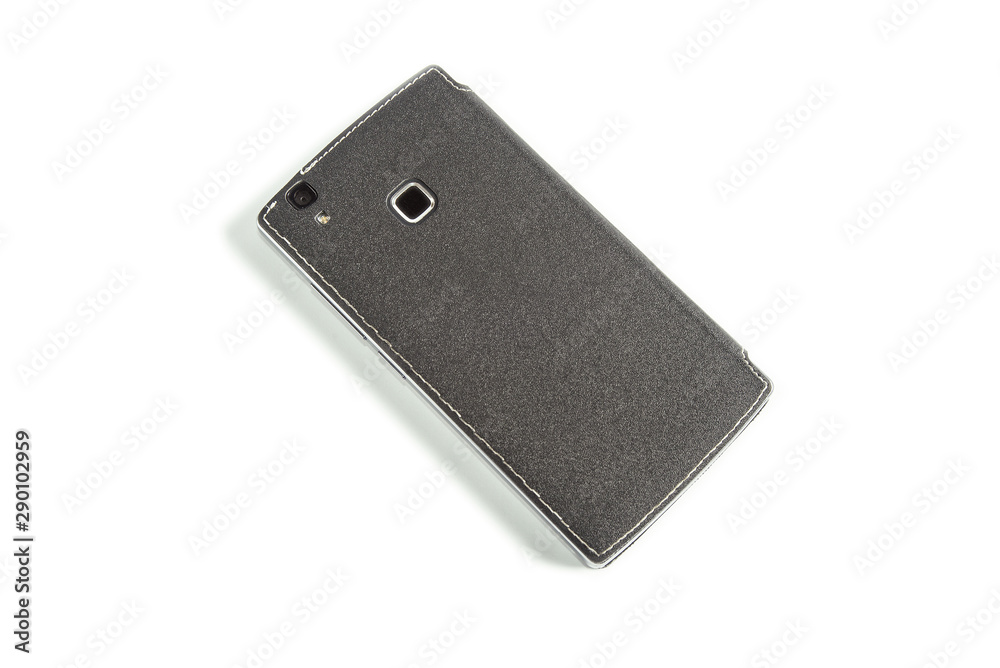 mobile phone in a case on a white background