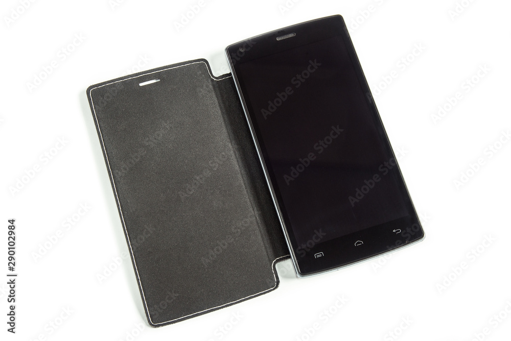 mobile phone in a case on a white background mobile phone in a case on a white background