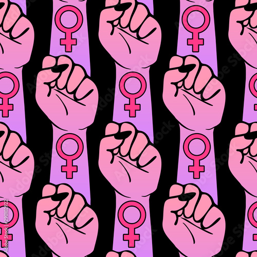 Seamless pattern with womens' raised clenched fists with venus symbols isolated on black background. Gender equality, feminist vector wallpaper.	