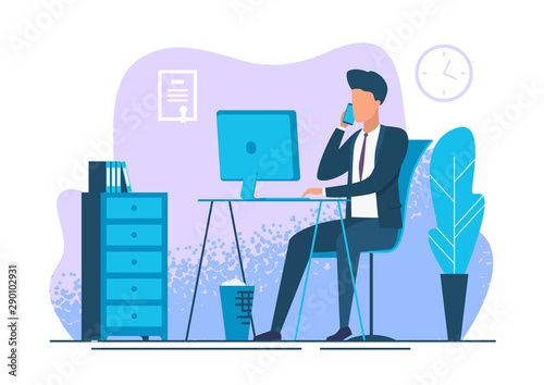Young man working at workplace. Businessman at workplace. Bank employee. Vector illustration