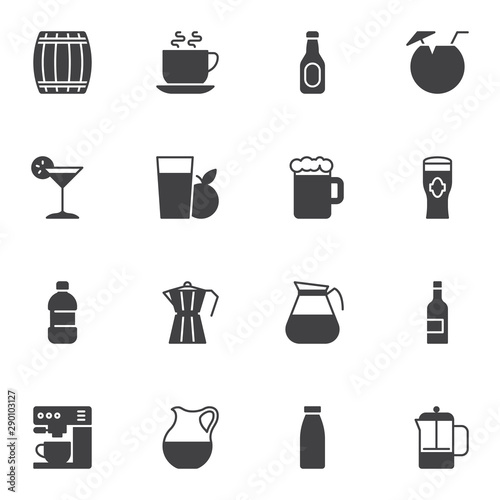 Cocktail drinks vector icons set  modern solid symbol collection  filled style pictogram pack. Signs  logo illustration. Set includes icons as beer mug  wine bottle  water  fresh apple juice glass
