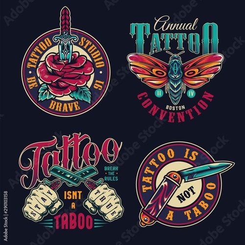 Vintage tattoo studio colorful badges