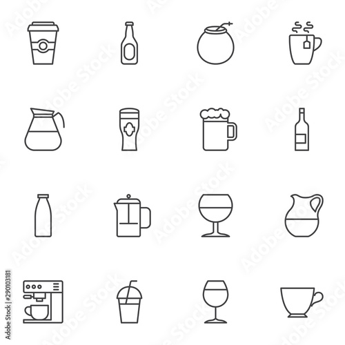Bar drinks line icons set. linear style symbols collection, outline signs pack. vector graphics. Set includes icons as takeaway coffee, beer bottle, juice glass, pina colada alcohol drink, milkshake