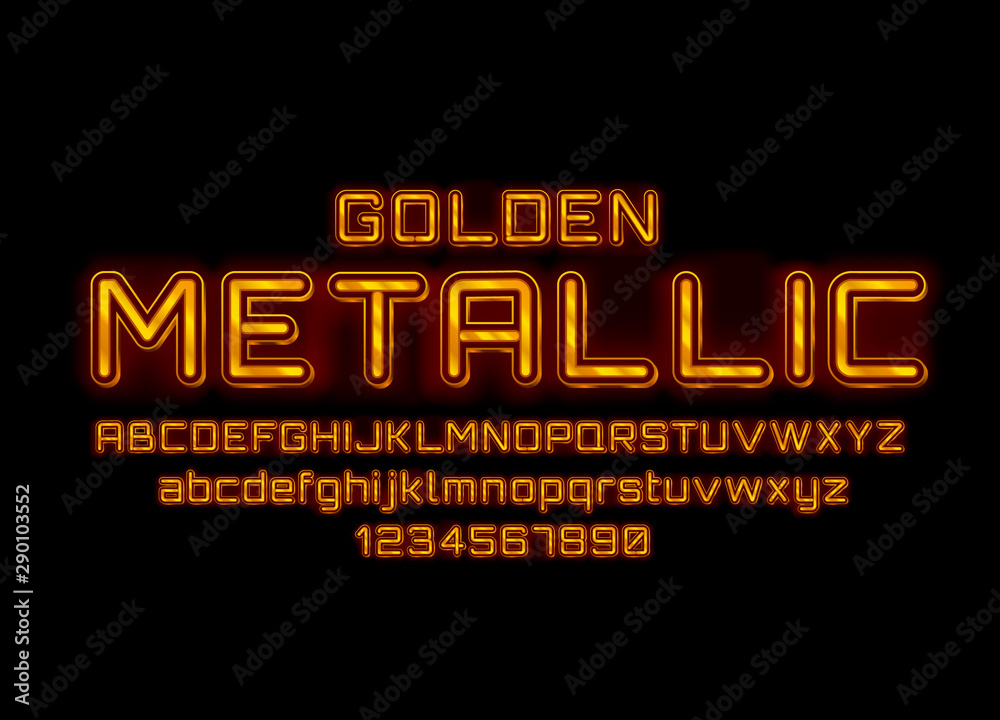 Metallic golden font. English alphabet and numbers sign.