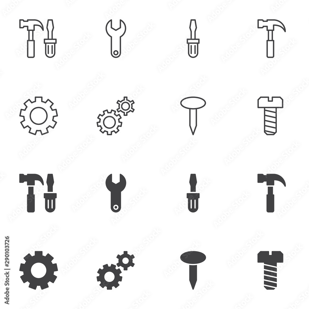 Mechanic tools icon set, line and glyph version, outline and filled vector  sign. linear and full pictogram. Symbol, logo illustration. Set includes  icons as hammer, spanner, screwdriver, nail, gears Stock Vector