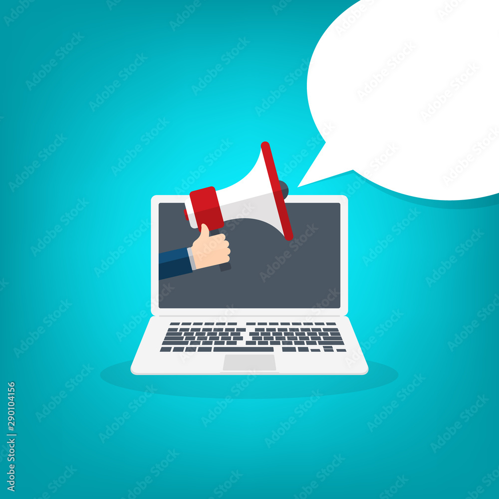 Hand holding megaphone. Laptop notebook computer screen and speech bubble background. Vector illustration Hand holding megaphone. Laptop notebook computer screen and speech bubble background. Vector illustration