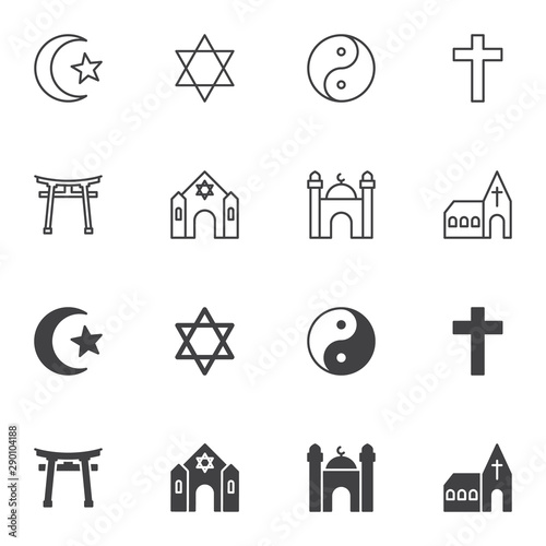 Religion signs icon set, line and glyph version, outline and filled vector sign. linear and full pictogram. Symbol, logo illustration. Set includes icons as david star, yin yang, holy cross, church