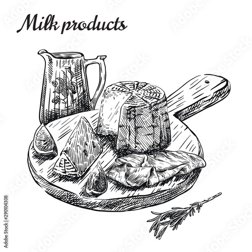 natural dairy products. set of vector sketches on a white