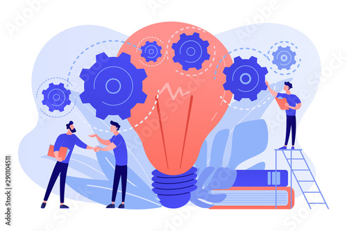 Businessmen handshake and big bulb with rotating gears. Business idea, business launcher and development, business plan concept on white background. Living coral blue vector isolated illustration