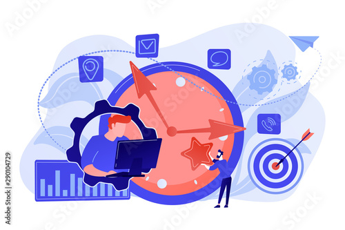 Businessman trying to accomplish tasks and goals on time and big clock and computer. Time management, effective time spending, time planning concept. Living coral blue vector isolated illustration