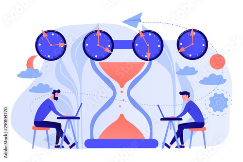 Busy businessmen with laptops near hourglass working in different time zones. Time zones, international time, world business time concept. Living coral blue vector isolated illustration