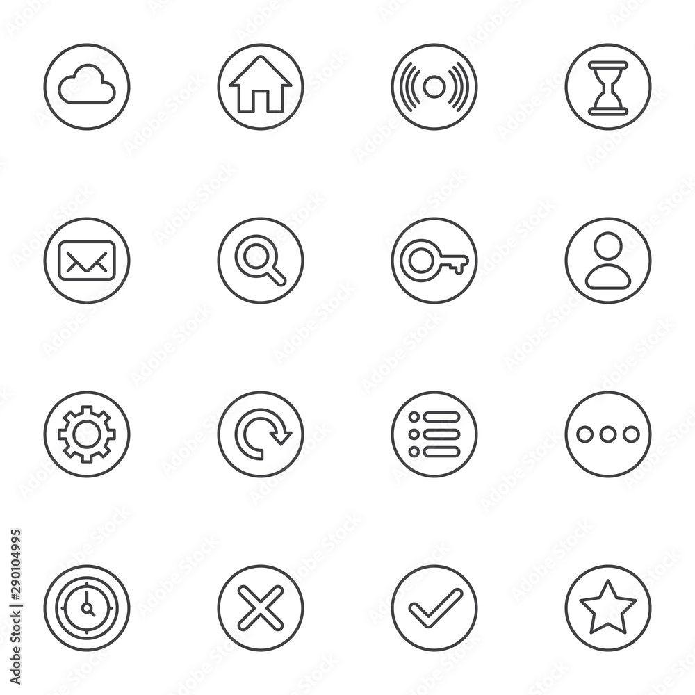 Web UI line icons set. linear style symbols collection, outline signs pack. vector graphics. Set includes icons as cloud, home, disc, hourglass, email, search, key, user settings, bookmark star, clock