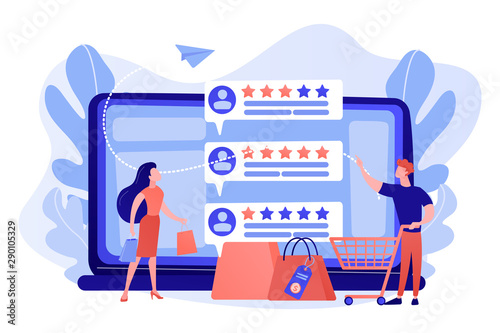 Tiny people customers rating online with reputation system program. Seller reputation system, top rated product, customer feedback rate concept. Living coral bluevector isolated illustration