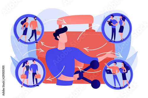 Job interview, vacancy candidates. Social networking, workflow. Employee sharing, new forms of employment, strategic employment sharing concept. Bright vibrant violet vector isolated illustration