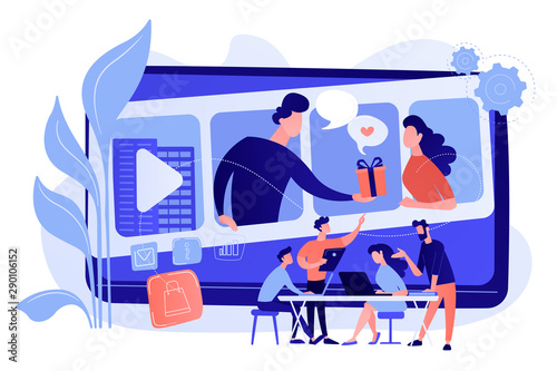 Video chatting, Internet hosting. Market tendencies analyzing. Visual storytelling, eye-catching design trend, best visual communication concept. Bright vibrant violet vector isolated illustration
