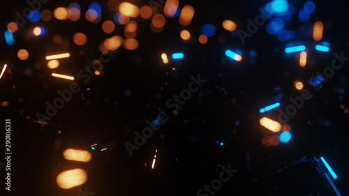 Blurred shining particles on black background with the copyspace for party invitation or cover page