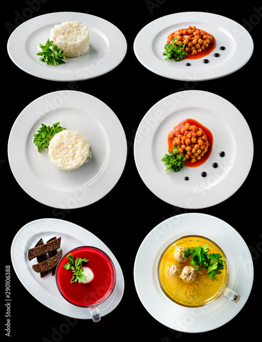 set collage white rice, boiled chickpeas and soup, isolated on black