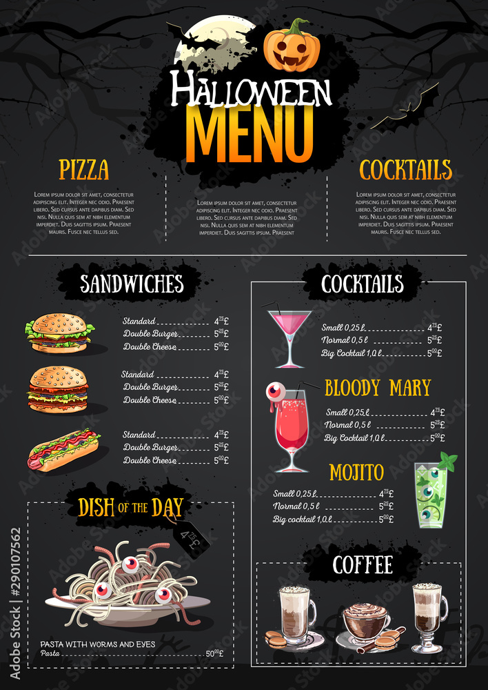 Fototapeta premium Halloween menu design with jack o lantern. Restaurant menu