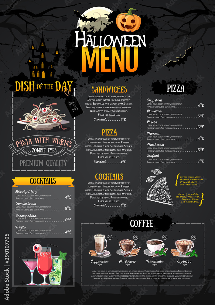 Fototapeta premium Halloween menu design with jack o lantern. Restaurant menu