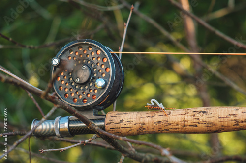Close-up fly fishing rod and reel.