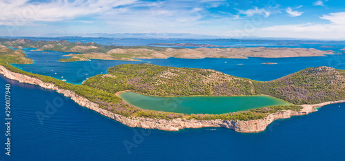 Telascica nature park and green Mir lake on Dugi Otok island aerial panoramic view
