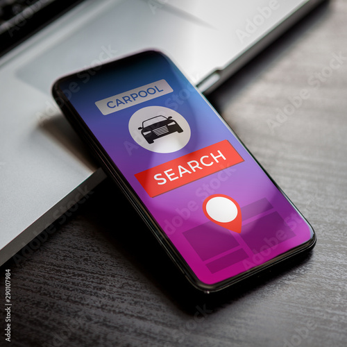 Online carpool app and ride share mobile application, share taxi service on smartphone screen. Person ordering ride with cellphone for traveling together by car. 