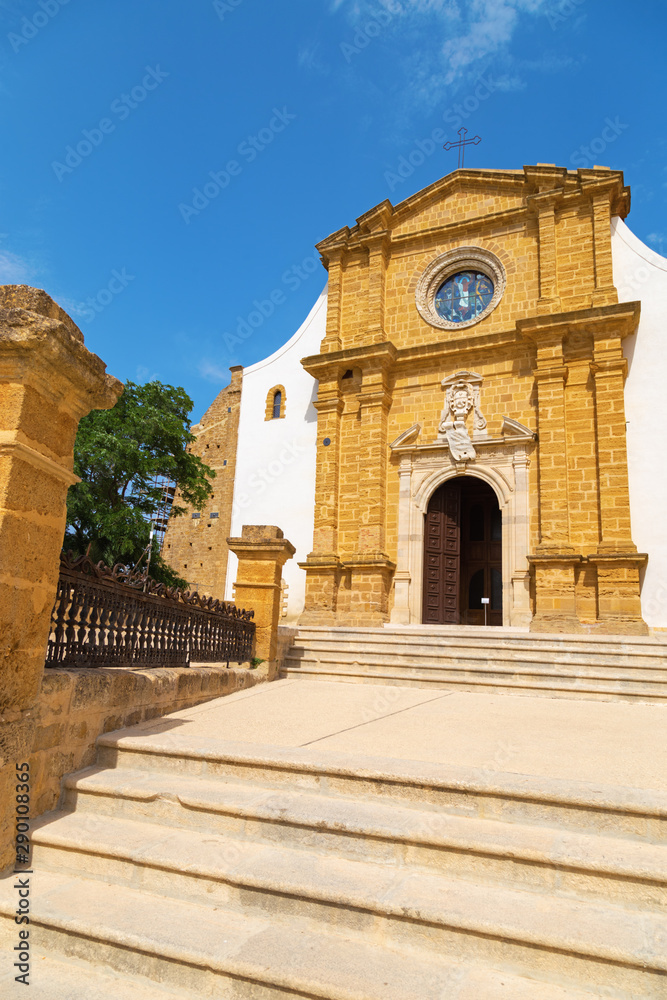 View of Cathedral of San Gerlando in Agrigento, Sicily, Italy. Historic landmark of small Sicilian city. Beautiful medieval building, tourist attractions.