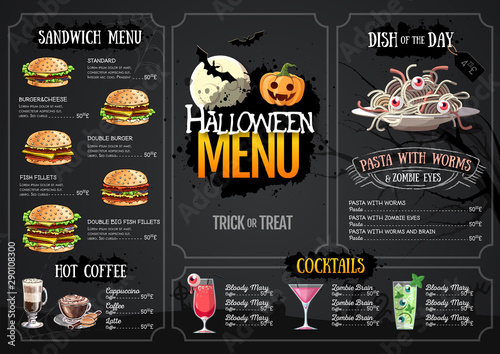 Halloween menu design with jack o lantern. Restaurant menu