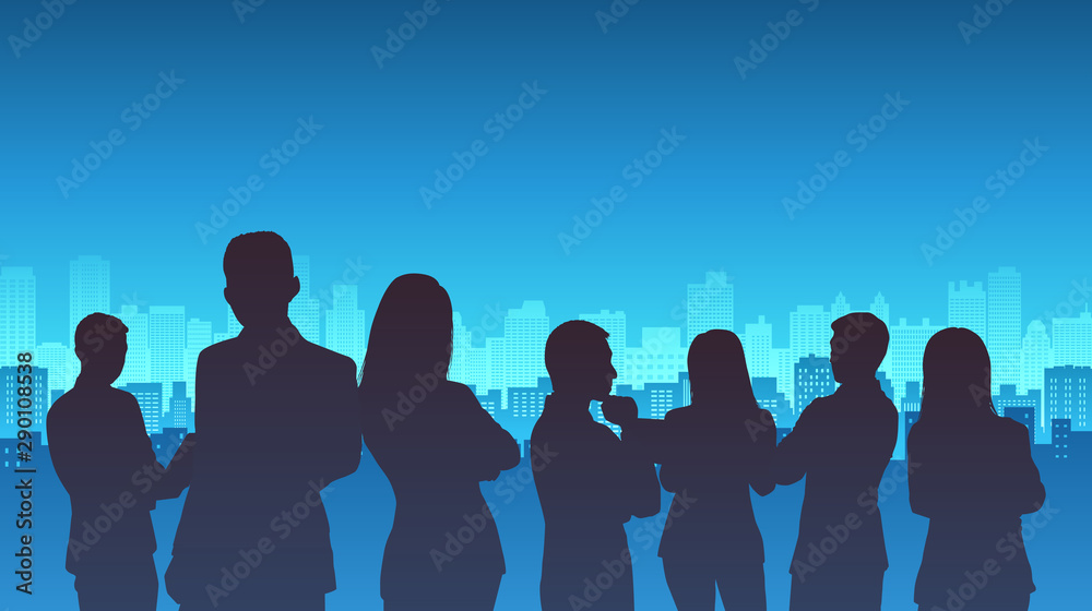 Group of business people standing with city landscape on blue color background