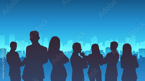 Group of business people standing with city landscape on blue color background