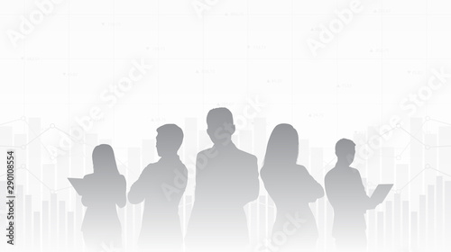 Abstract financial chart with line graph in stock market  and group of business people in black and white color background