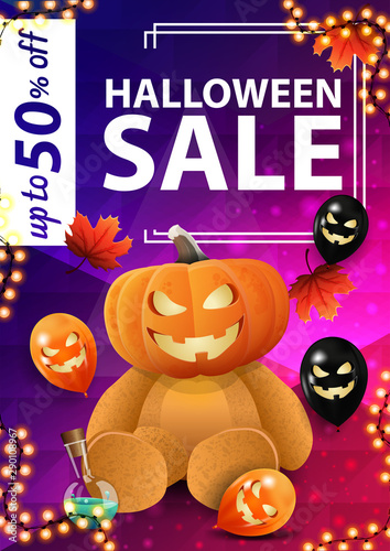 Halloween sale, up to 50% off, vertical discount banner with bright neon texture, Halloween balloons and Teddy bear with Jack pumpkin head