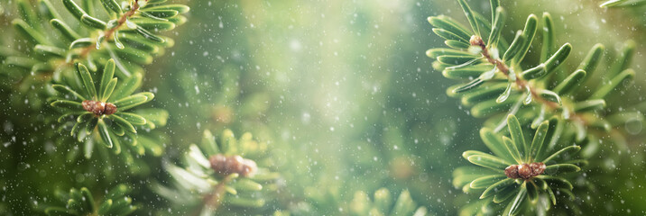 Beautiful green fir tree branches close up. Christmas and winter concept.
