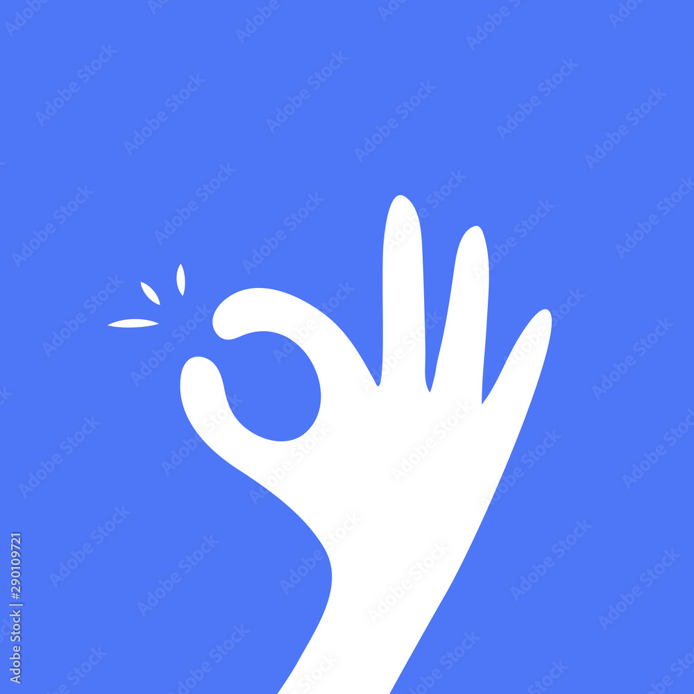 Fototapeta premium Hand OK sign, fingers hands shows Its OK. everything is all right or great, all done sign. Communication gestures, satisfaction concept. Flat vector on colorful background for website banner