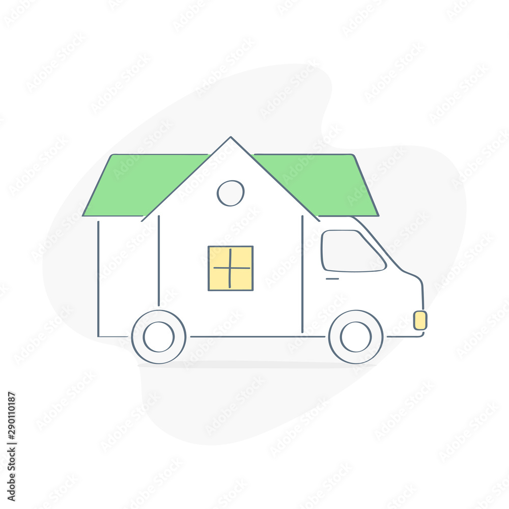 Home movers, home moving, delivery and house transportation or relocation concept. Truck with house or house on wheels. Flat outline vector on white background. Home movers, home moving, delivery and house transportation or relocation concept. Truck with house or house on wheels. Flat outline vector on white background.
