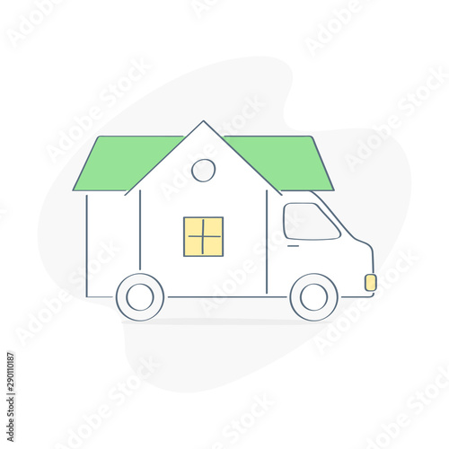 Home movers, home moving, delivery and house transportation or relocation concept. Truck with house or house on wheels. Flat outline vector on white background.