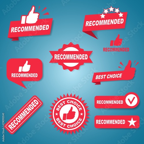 Set of ten different red Recommended labels or signs with text and icons endorsing or praising a product or service, vector illustration