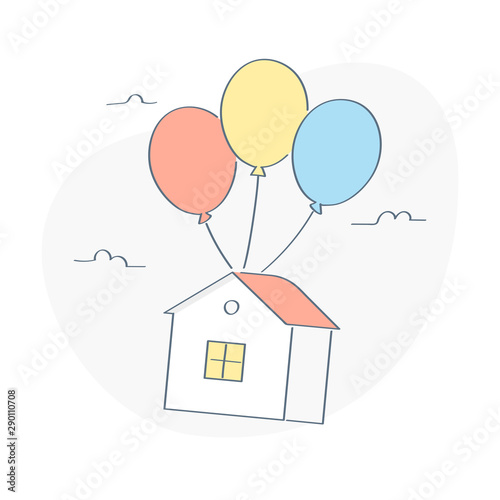 House flies with tethered balloons. Moving, relocation, buying a home, house transportation or comfortable trip. Flat outline vector illustration on white background.