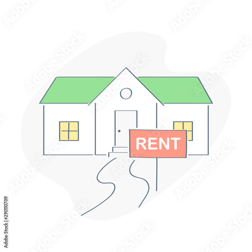 House for rent. Red for rent real estate sign in front of home. Flat outline vector illustration on white background.