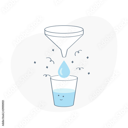 Water purification, filtration. Drops drip through the filter to a glass of fresh water. Flat outline vector illustration on white.