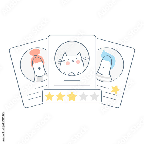 Stars team, client's Review, customer Feedback, comment. Portraits of three characters with ratings, reviews and evaluation stars. Resumes, team avatars. Flat outline vector, concept for Web, Mobile