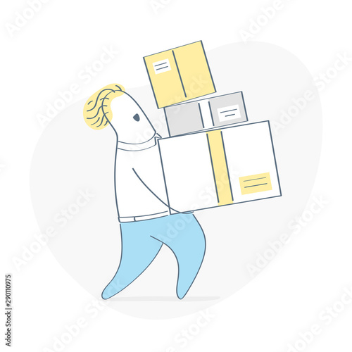Mover or loader worker helps with cargo, home moving and package delivery cardboard boxes concept. Flat outline vector on white background.