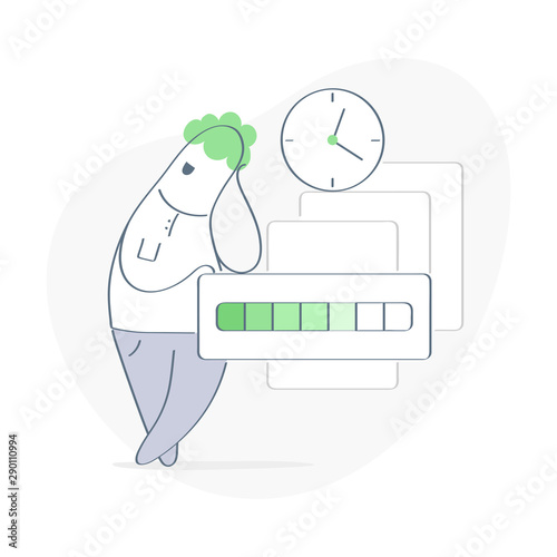 Loading files, program, software. Transfer files, make backup file. Character waiting file uploading. Flat outline vector illustration on white.