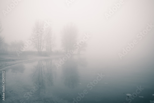 Dreamy river bank with trees and reflections in the water at foggy autumn morning.