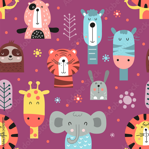 Colorful seamless pattern with cute jungle animals in Scandinavian style. Vector Illustration. Kids illustration for nursery design. Great for baby clothes, greeting card, wrapping paper.