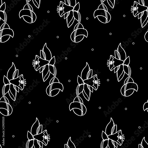 Beautiful seamless pattern with flowers on a black background. Vector black and white illustration. Design suitable for fabric, wallpaper, wrapping paper, posters.