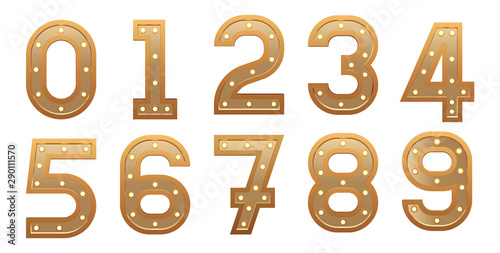Retro light sign numbers set. Golden numerals with bulbs. Vintage vector illustration.
