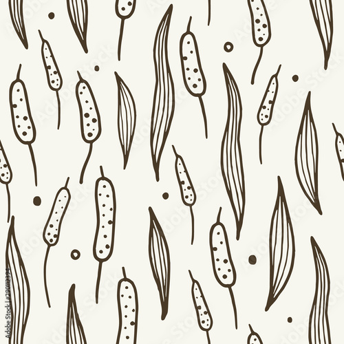Seamless background pattern with leaf, plants, grass. Hand draw botanic vector stock illustration, EPS 10.