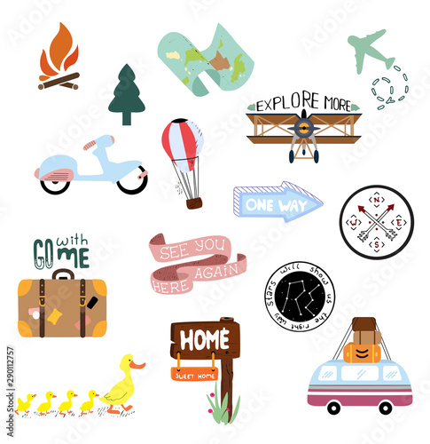 Vector travel stickers. Beautiful  travel Icons for your design. Vintage hand draw elements.
